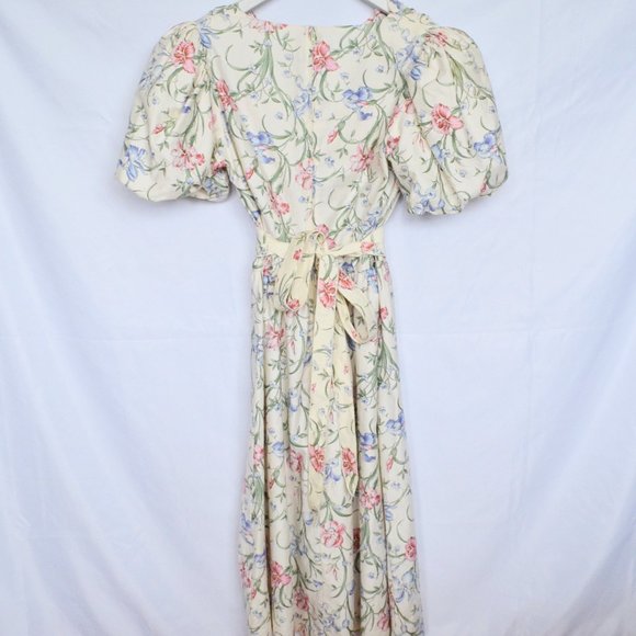 Leslie Fay for Lord & Taylor Vintage Creme Floral Puff Sleeve Dress - Picture 2 of 8